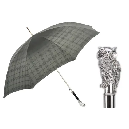 Picture Stylish gray men's checked umbrella with an owl-shaped handle - Pasotti