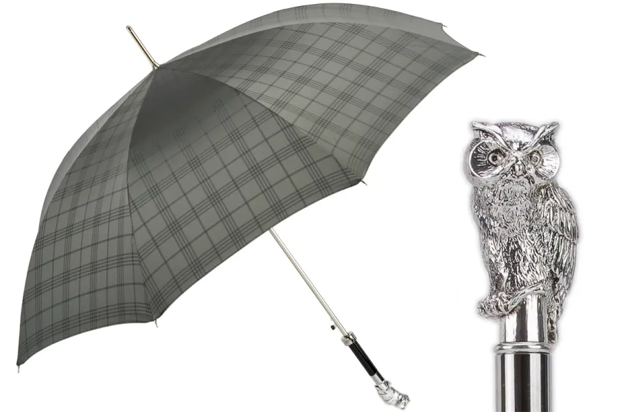 obrazek 1 Stylowy szary parasol męski w kratę z rączką w kształcie sowy - Pasotti