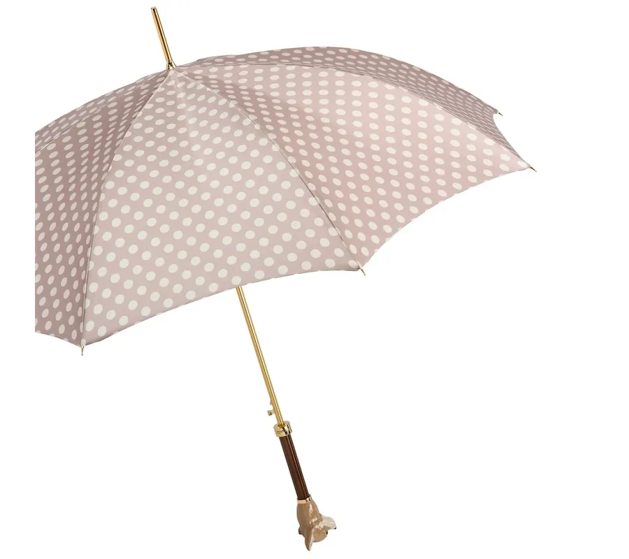 obrazek 8 Wyjątkowy brązowy parasol damski w białe kropki z rączką zdobioną głową psa Chihuahua – Pasotti