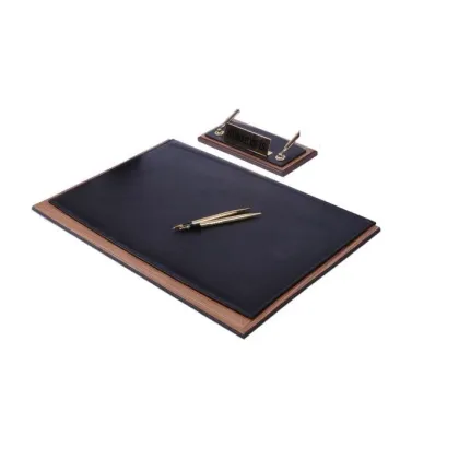 Zdjęcie Podkładka z przybornikiem na pióra - czarna skóra i drewno