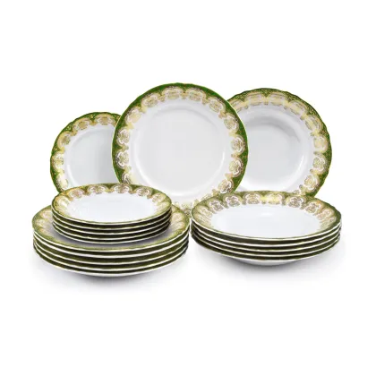 Zdjęcie Piękny bogato zdobiony 18-elementowy zestaw talerzy z porcelany w kolorze zielonym i złotym z kolekcji Castle Sonata – Leander