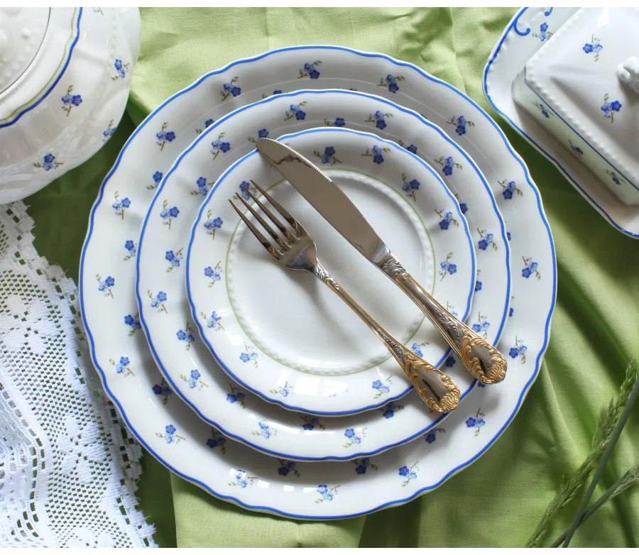 obrazek 5 Elegancki 18-elementowy komplet talerzy z porcelany zdobiony motywem kwiatów niezapominajek – Leander