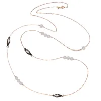 Picture Beautiful Necklace 18K Rose Gold Silver Plated Black and White Nail Polish Black Rhinestones Pink Mother of Pearl Flowers Rose Quartz