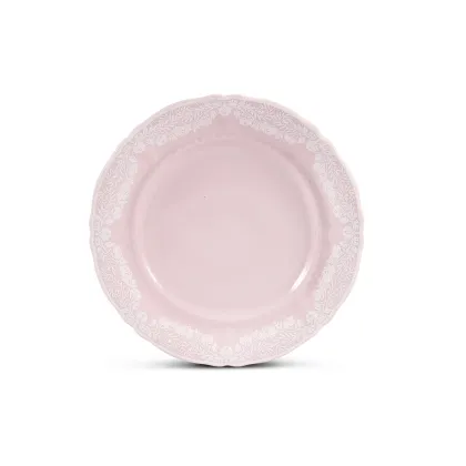 Zdjęcie Porcelanowy talerz deserowy w kolorze różowym z delikatnym zdobieniem – Leander