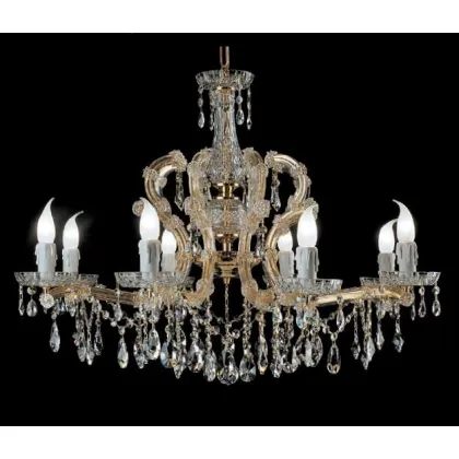 Zdjęcie Stylowy żyrandol z pozłacaną metalową ramą pokrytą szklanymi ramionami i przezroczystymi kryształowymi zawieszkami - Il Paralume Marina