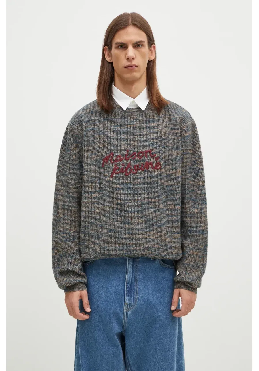 obrazek 1 Maison Kitsuné sweter wełniany Maison Kitsune Handwriting męski kolor niebieski  LM00814KT1063