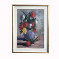 Picture A painting with a vivid composition of red, white and yellow dahlias in a light blue ceramic vase signed G.Marini