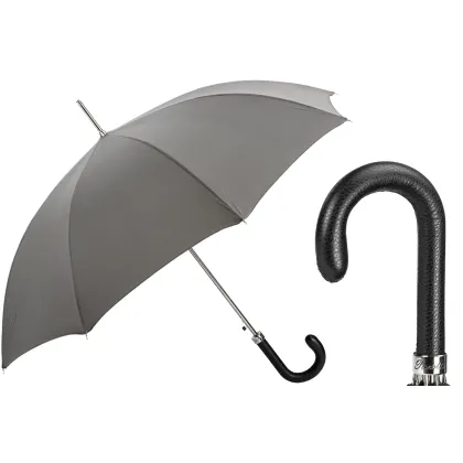 Picture Elegant gray men's umbrella with a black leather handle - Pasotti