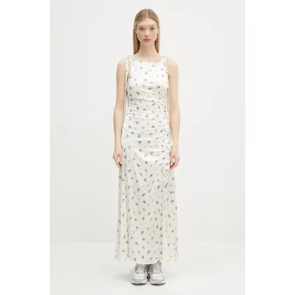 Zdjęcie GANNI sukienka Printed Satin Gathered Long kolor beżowy maxi prosta W0262