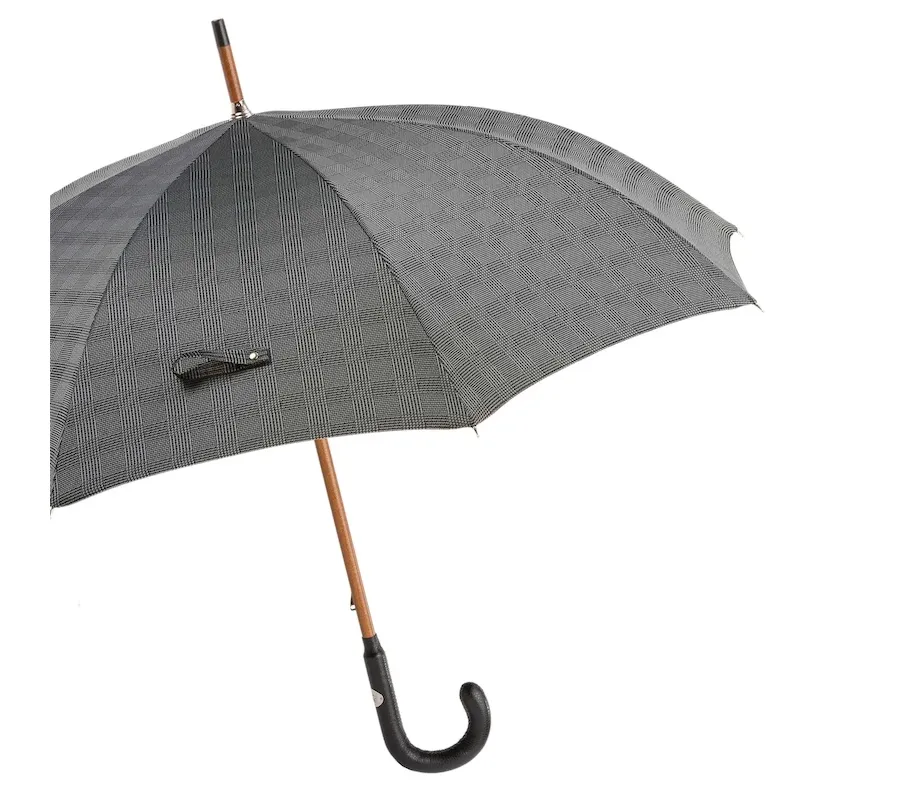 obrazek 8 Stylowy szary parasol męski w kratę z piękną skórzaną rączką - Pasotti