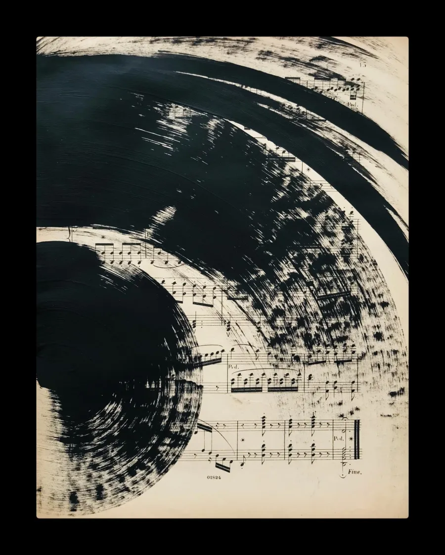 obrazek 1 Black no 28. Akryl na starych, archiwalnych nutach, 34 x 27 cm
