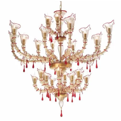Zdjęcie Żyrandol ze szkła Murano w stylu Ca’ Rezzonico w przezroczystym i złotym kolorze z czerwonymi dekoracjami - Il Paralume Marina