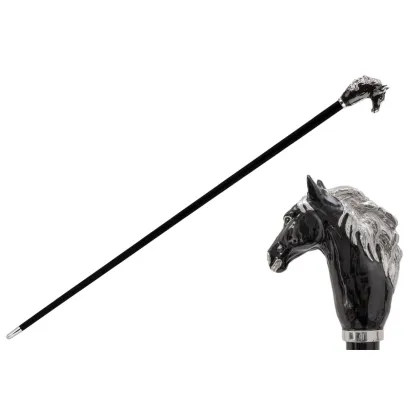 Zdjęcie Stylowa czarna laska z uchwytem w kształcie czarnej głowy konia - Pasotti