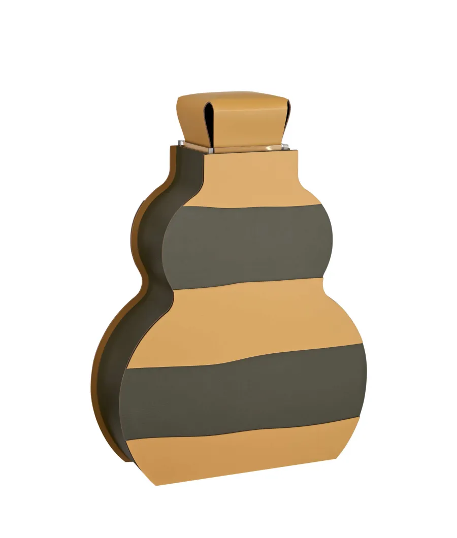 obrazek 2 Niepowtarzalny wazon Otto 9x33xH45 cm ze skóry w poziome pasy w kolorze musztardowym i ciemnooliwkowym