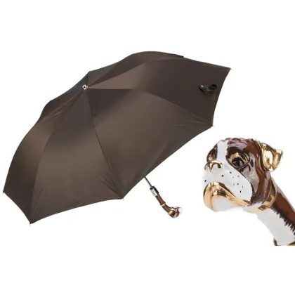 Picture Stylish dark brown men's umbrella with a handle in the shape of a boxer's head - Pasotti