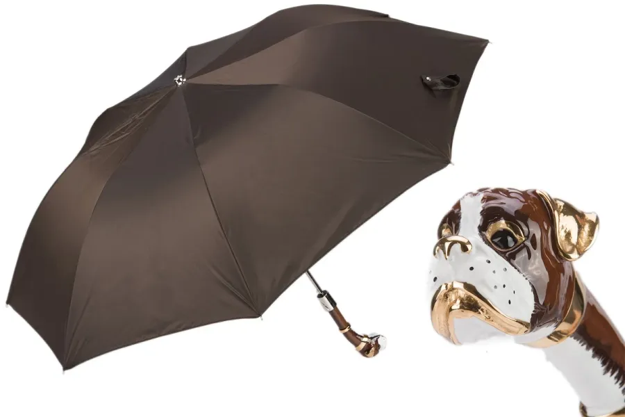 obrazek 1 Stylowy ciemnobrązowy parasol męski z rączką w kształcie głowy boksera - Pasotti