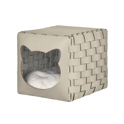 Zdjęcie Stylowy skórzany domek dla kota 35x40x35 cm w kolorze waniliowym