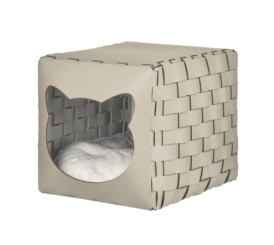 obrazek 1 Stylowy skórzany domek dla kota 35x40x35 cm w kolorze waniliowym