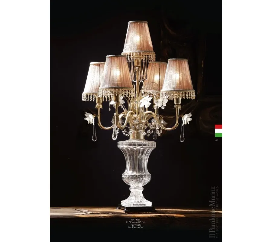 obrazek 1 Stylowa lampa stołowa z przezroczystym florenckim kryształowym wazonem i złotym metalem - Il Paralume Marina