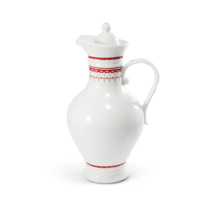 Zdjęcie Stylowy dzbanek z pokrywką z porcelany z czerwonym zdobieniem - Leander