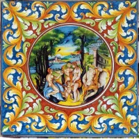 Zdjęcie Prestiżowy blat stołu ogrodowego z lawy wulkanicznej zdobiony rodzajową sceną - Ceramiche Valchida