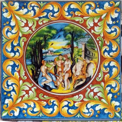 Zdjęcie Prestiżowy blat stołu ogrodowego z lawy wulkanicznej zdobiony rodzajową sceną - Ceramiche Valchida