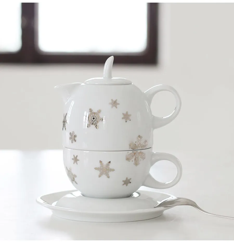 obrazek 3 Piękny porcelanowy zestaw – filiżanka z czajniczkiem zdobiony płatkami śniegu – Leander
