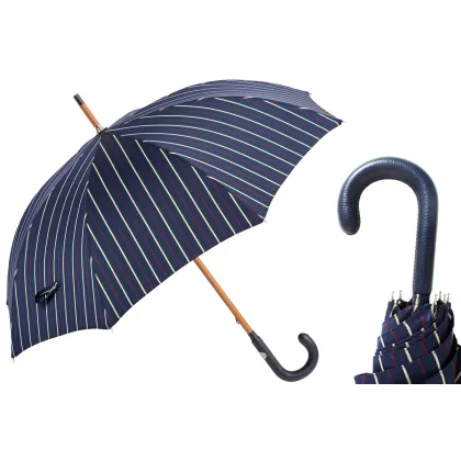 Picture Classic navy blue men's vertical striped umbrella with a leather handle - Pasotti