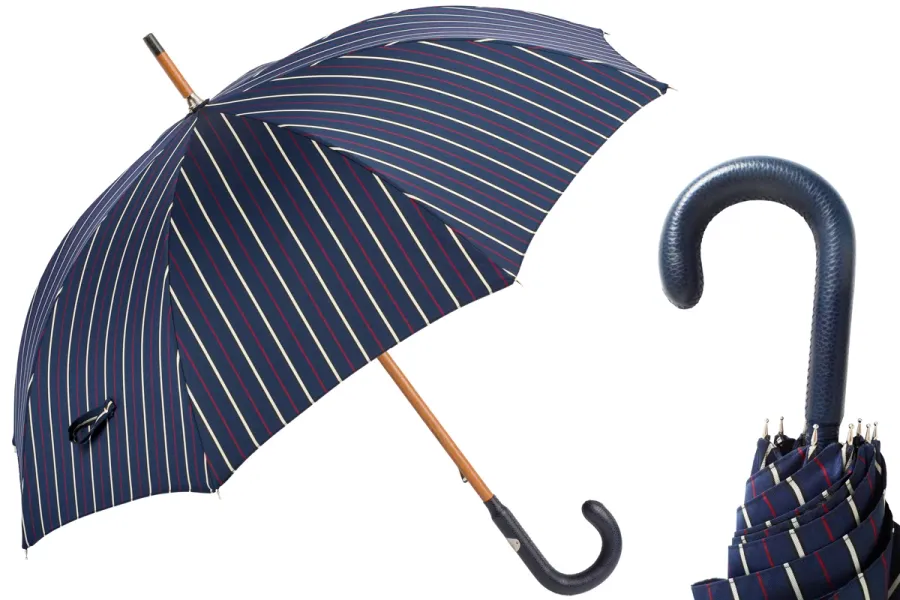 obrazek 1 Klasyczny granatowy parasol męski w pionowe paski ze skórzaną rączką – Pasotti