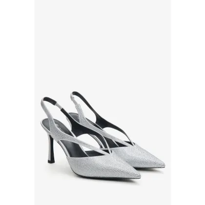 Zdjęcie Estro: Srebrne czółenka damskie typu slingback z kryształkami