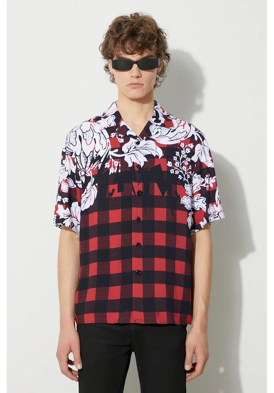 obrazek 1 Neil Barett koszula LOOSE HAWAIIAN CHECK WITH BOLTS męska kolor czerwony relaxed PBCM186.V024.1495