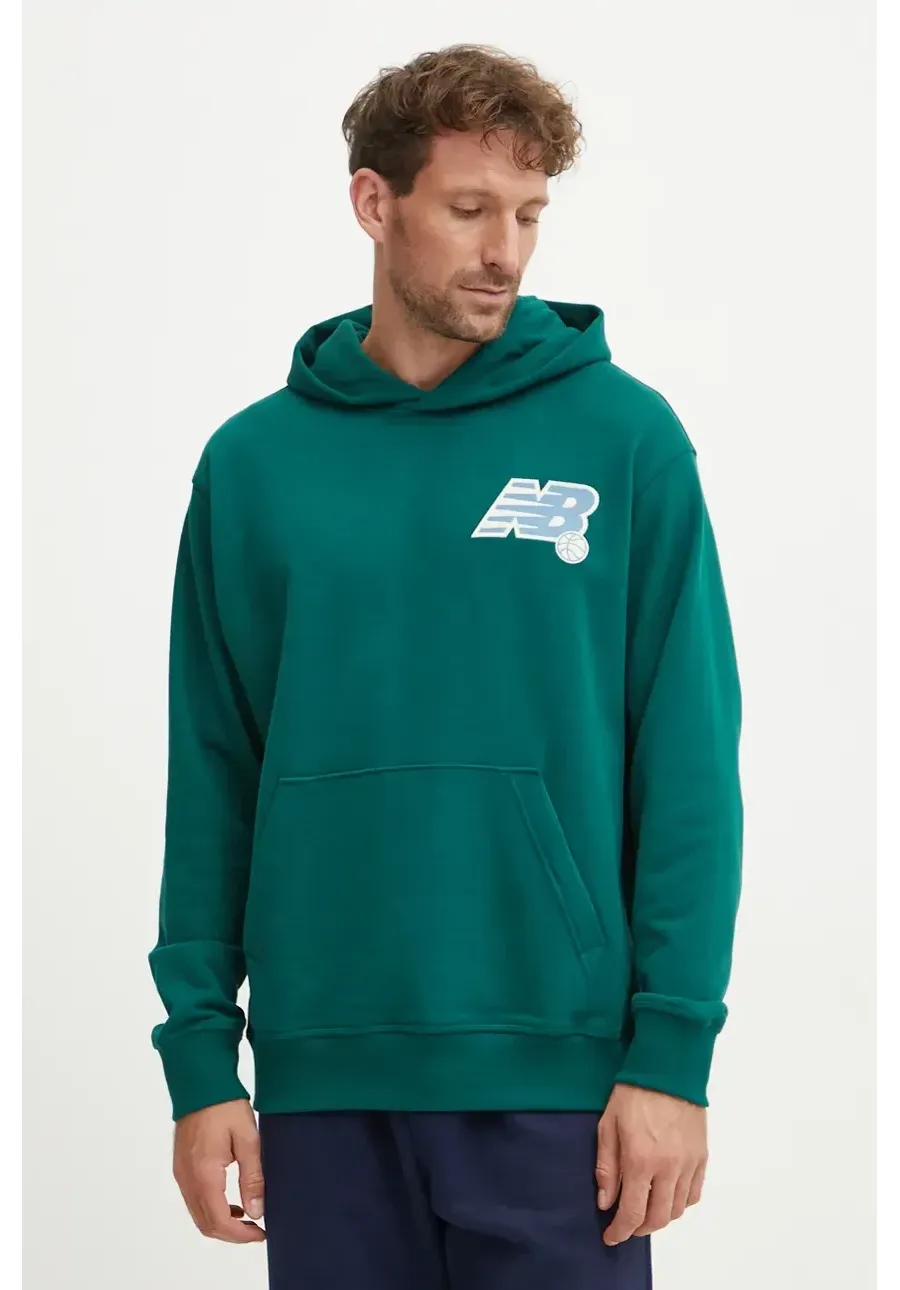 obrazek 1 New Balance bluza bawełniana męska kolor zielony z kapturem gładka MT43563MHN