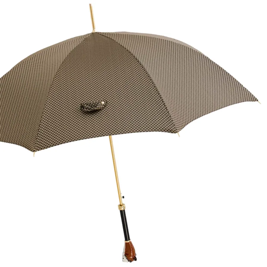 obrazek 7 Stylowy brązowy parasol męski zdobiony drobnym geometrycznym wzorem z rączką – głową buldoga – Pasotti