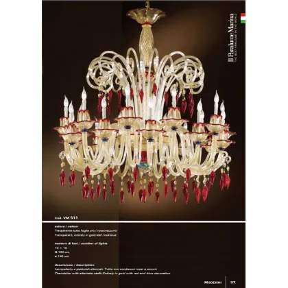 Zdjęcie Wyjątkowy żyrandol z dwudziestoma światłami w złotym kolorze z czerwonymi i niebieskimi zdobieniami - Il Paralume Marina