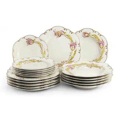 Zdjęcie 18-elementowy ekskluzywny zestaw talerzy z porcelany zdobiony tulipanami – Rudolf Kampf