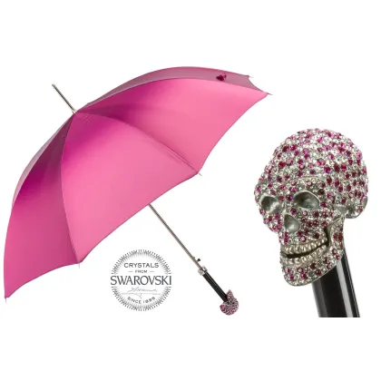 Zdjęcie Piękny różowy parasol damski z rączką zdobioną czaszką wysadzaną kryształkami Swarovskiego - Pasotti