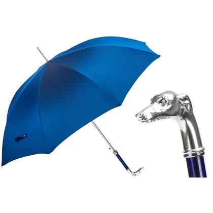 Picture Stylish blue men's umbrella with a handle in the shape of a greyhound's head - Pasotti