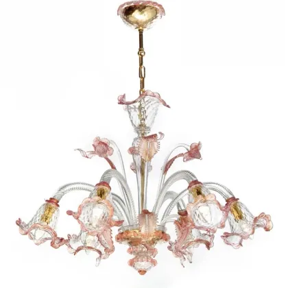 Zdjęcie Stylowy przezroczysty żyrandol ze szkła Murano z różowo-złotymi dekoracjami - Il Paralume Marina