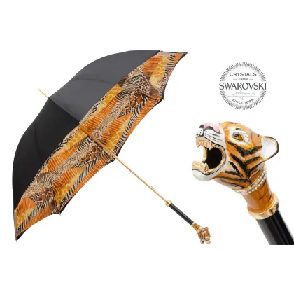 Zdjęcie Stylowy czarny parasol damski zdobiony wzorem skóry tygrysa z rączką – głową tygrysa syberyjskiego – Pasotti