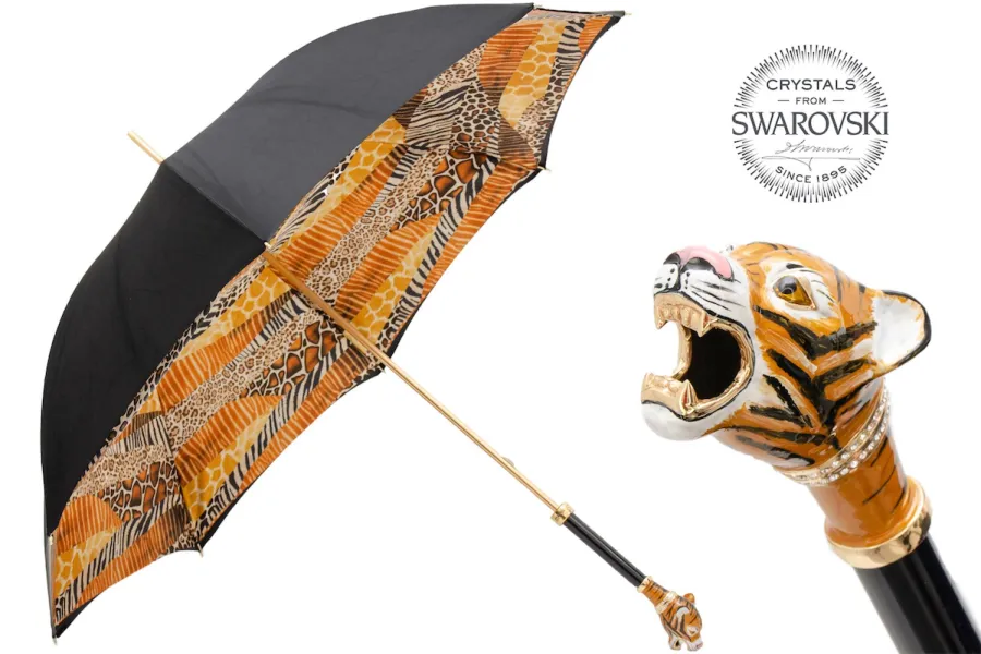 obrazek 1 Stylowy czarny parasol damski zdobiony wzorem skóry tygrysa z rączką – głową tygrysa syberyjskiego – Pasotti