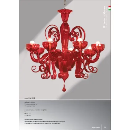 Zdjęcie Żyrandol z ośmioma światłami z przezroczystego czerwonego szkła z zawiniętymi pastorałami - Il Paralume Marina