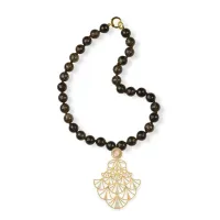 Picture Necklace 18K Gold Plated Silver Laboratory Diamond and Orange Enamel Pink Opal and Smoky Quartz
