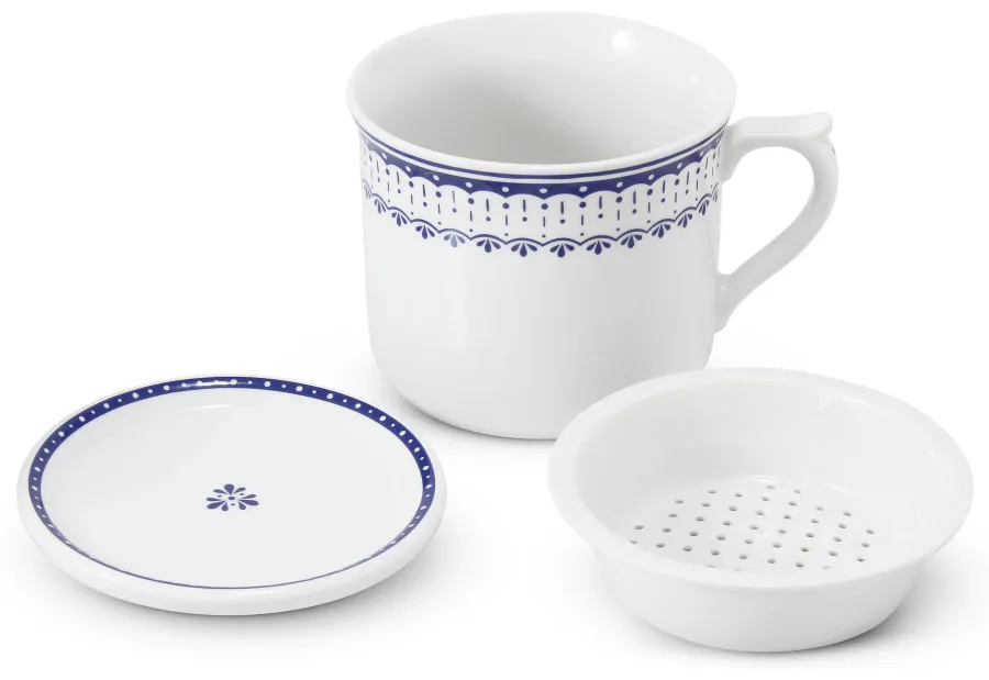 obrazek 2 Elegancki kubek z pokrywką i sitkiem z porcelany z delikatnym niebieskim zdobieniem – Leander