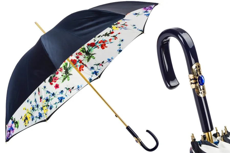 obrazek 1 Stylowy granatowy parasol damski zdobiony subtelnym motywem kwiatów - Pasotti
