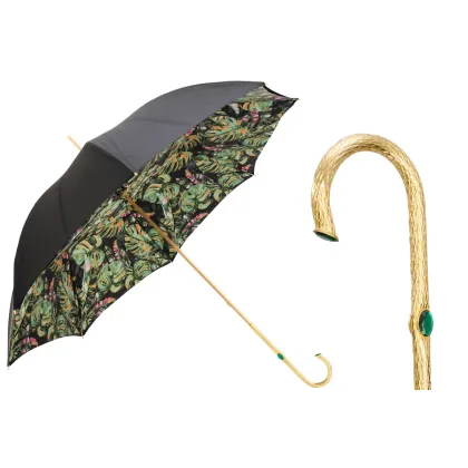 Zdjęcie Oryginalny czarny parasol damski z pięknym motywem liści – Pasotti