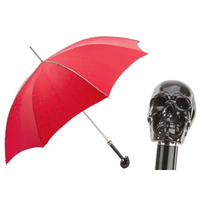 Zdjęcie Stylowy czerwony parasol damski z ćwiekami i rączką w kształcie czarnej czaszki - Pasotti