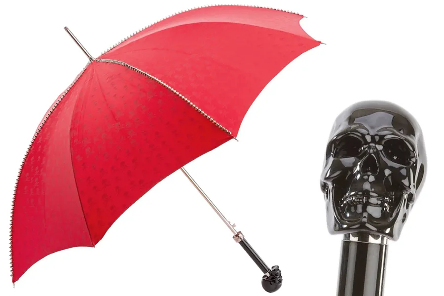 obrazek 1 Stylowy czerwony parasol damski z ćwiekami i rączką w kształcie czarnej czaszki - Pasotti