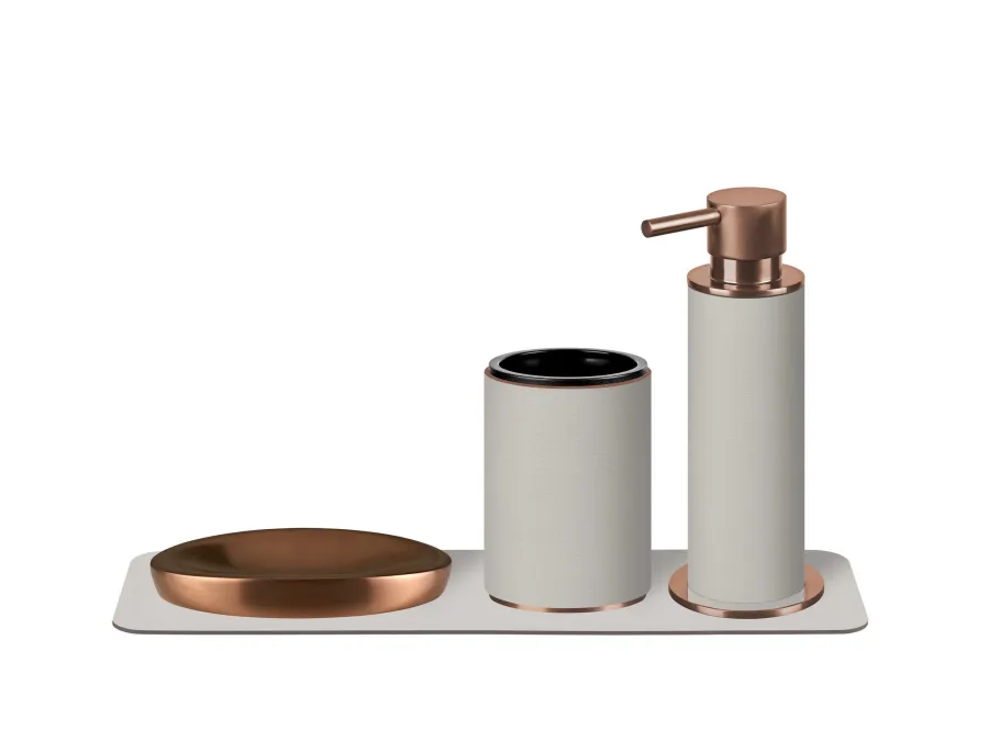 obrazek 2 Wyjątkowy skórzany uchwyt na kubek w kolorze perłowym z miedziowanym wykończeniem