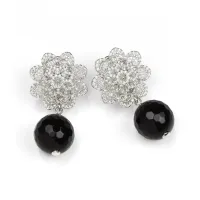 Picture Rhodium-plated silver earrings, finished with white zircons and black onyx