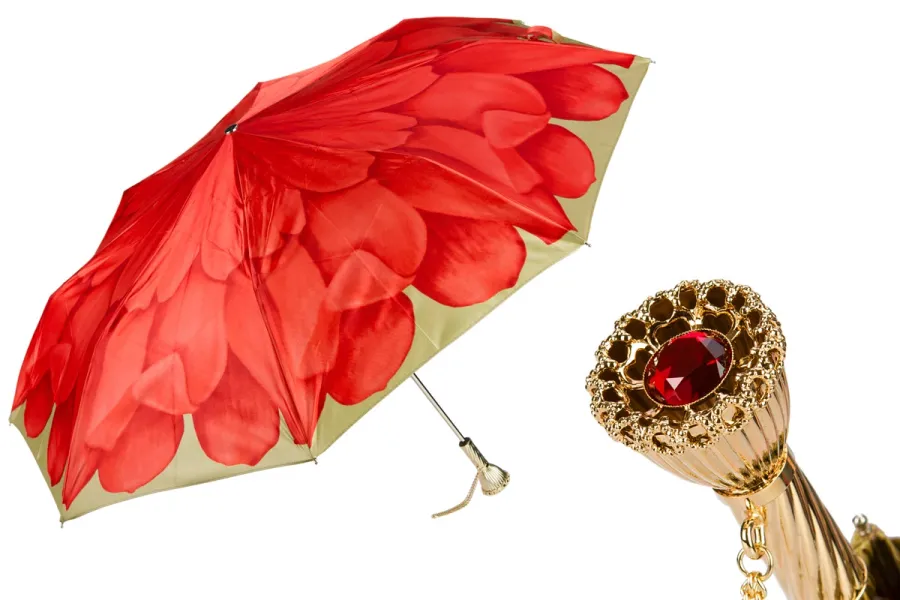 obrazek 1 Stylowy czerwony parasol damski zdobiony motywem kwiatu dalii z rączką z klejnotem - Pasotti